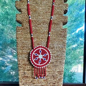 Vintage Beaded Medallion Necklace Red White Blue Southwestern Style
